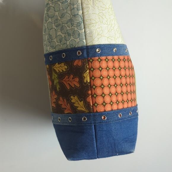 Denim Patchwork Studded Handbag/ Tote Handmade Fall Motif - Picture 6 of 13